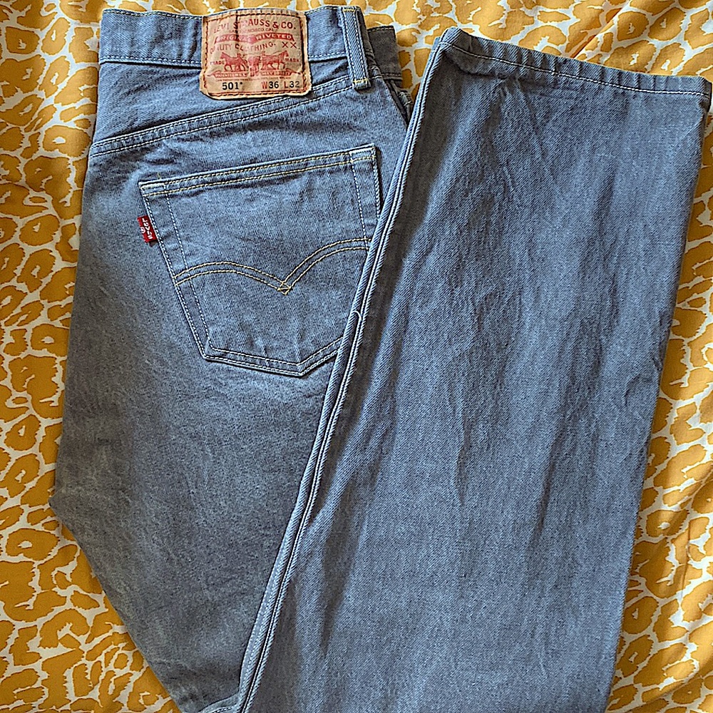 501 Levi’s, gently worn. Gray washed, Button fly closure.